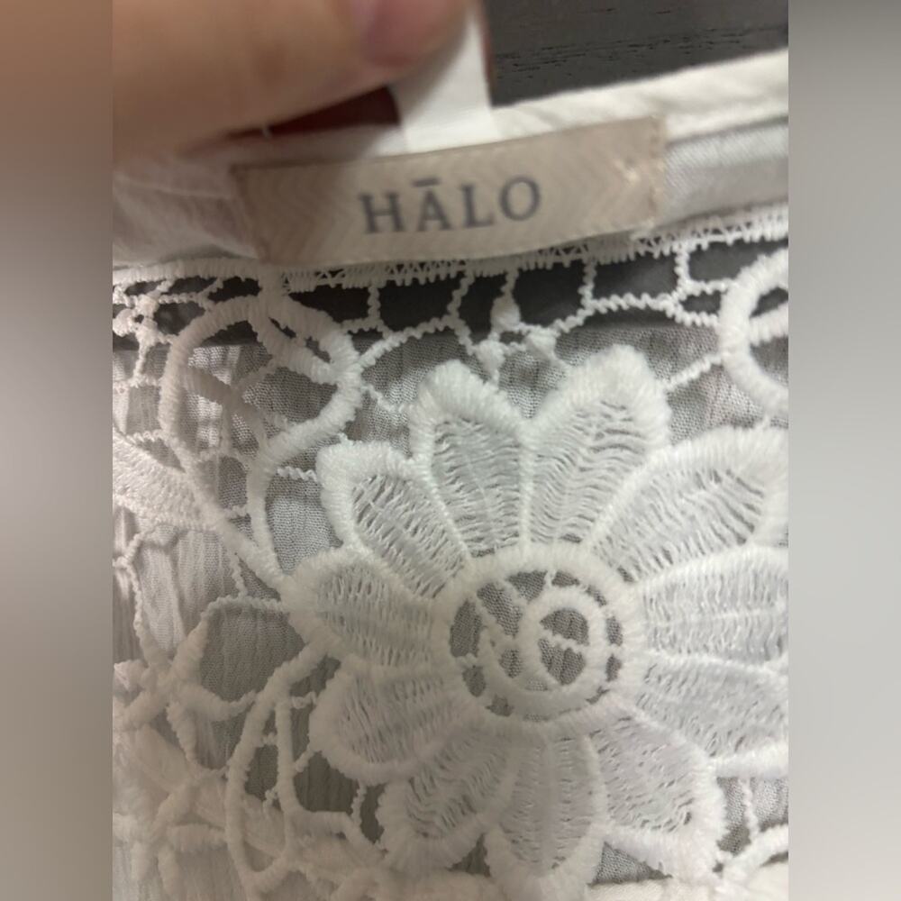 HALO White Boho Lace Gauze Top Size L Crochet Trim Festival Beach Blouse - Picture 5 of 15